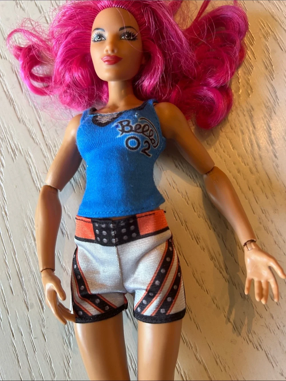WWE Pink-Haired Doll with Bella Blue Top and White Shorts